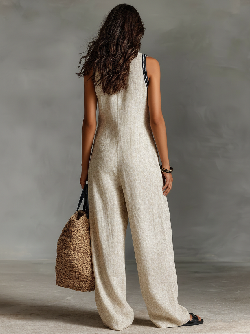 Ärmelloser Jumpsuit aus Leinenmischung mit Stickerei und Reißverschluss für Damen