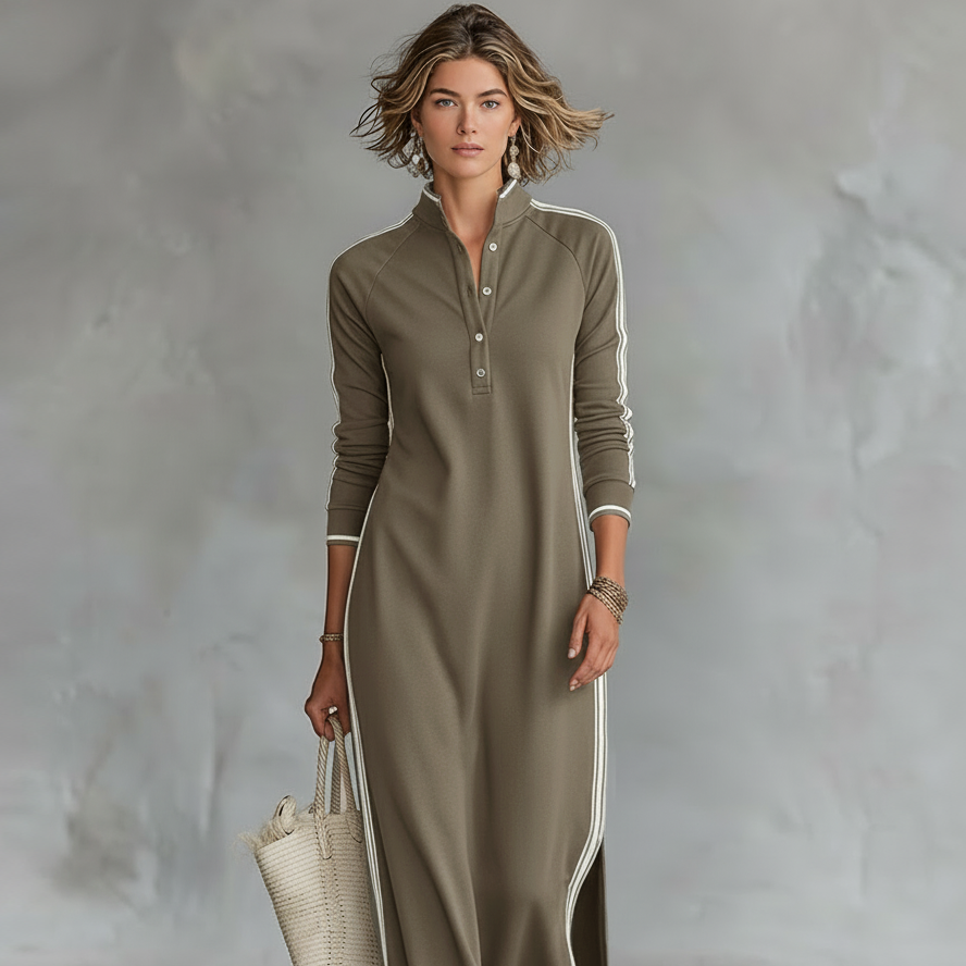 Damen-Maxi-Sweatkleid mit Knopfleiste und Kragen