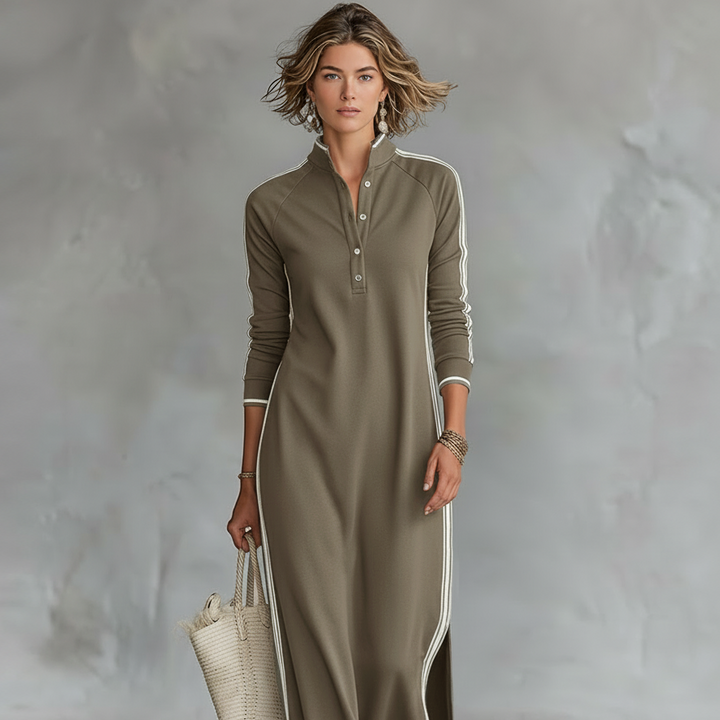 Damen-Maxi-Sweatkleid mit Knopfleiste und Kragen