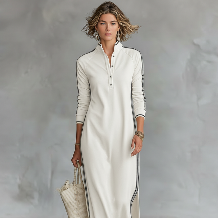 Damen-Maxi-Sweatkleid mit Knopfleiste und Kragen
