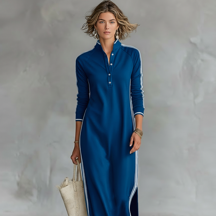 Damen-Maxi-Sweatkleid mit Knopfleiste und Kragen
