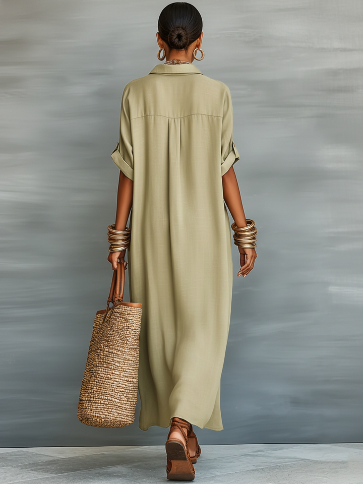 Maxikleid aus Leinenmischung mit kurzen Ärmeln für Damen