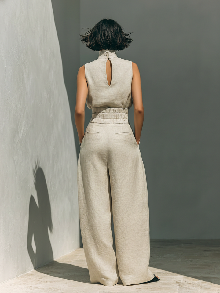 Damen-Set aus Leinenmischung: ärmelloses Oberteil und weite Hose