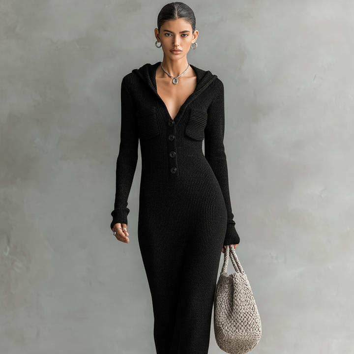 Damen-Strick-Maxikleid mit Kapuze