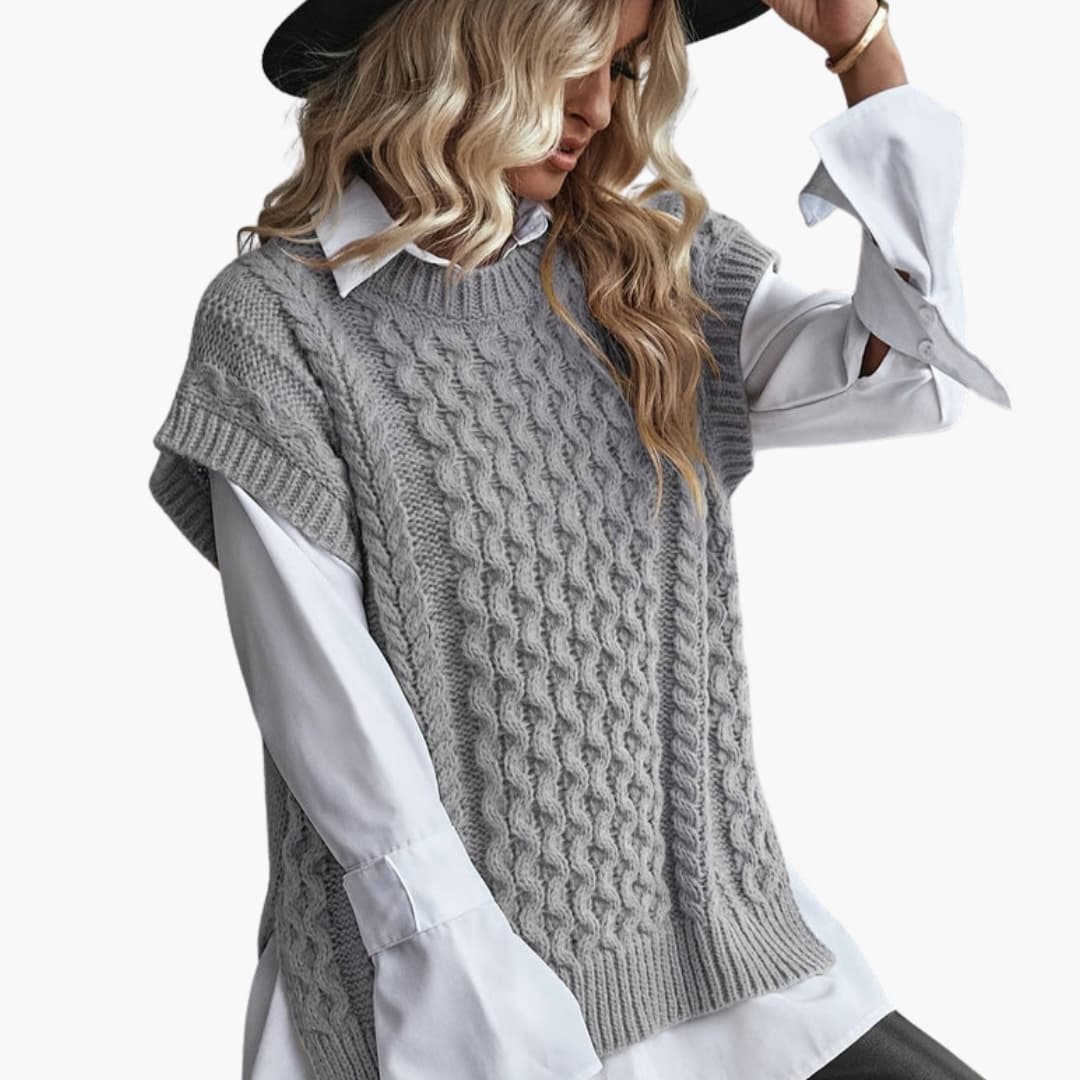Übergangsjacke Damen ärmellos – Zopfmuster Rundhalsmit
