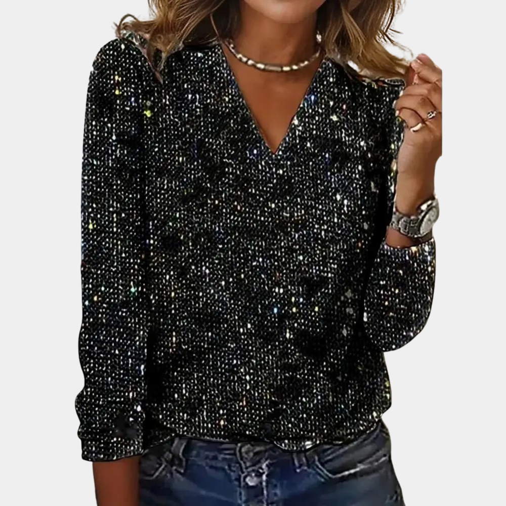 Glitzerbluse Damen V-Ausschnitt Langarm