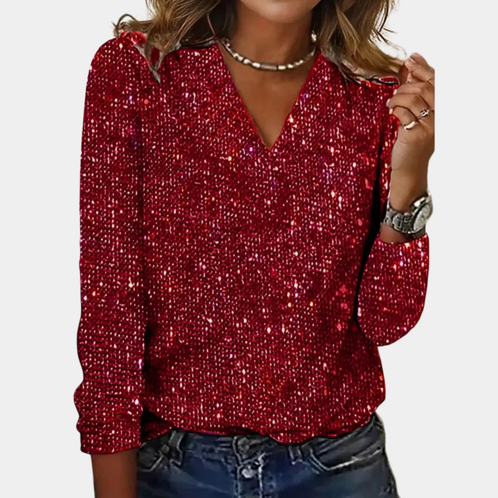 Glitzerbluse Damen V-Ausschnitt Langarm