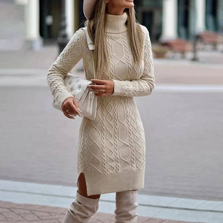 Grob gestricktes Rollkragenkleid für Frauen, warmes langes Winterkleid