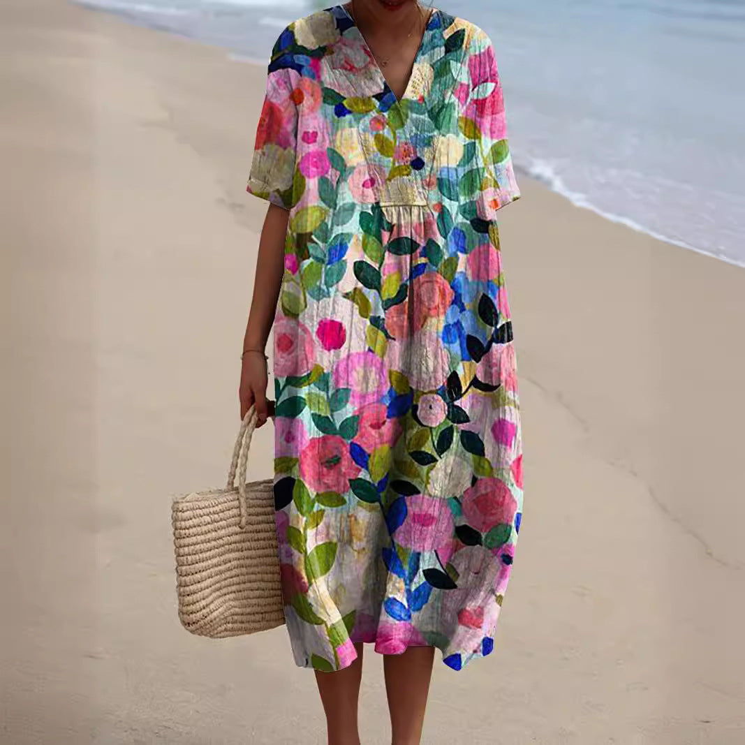 Hana | Damenkleid – Farbenfroh, Blumenmuster & V-Ausschnitt für Sommerliche Tage 0