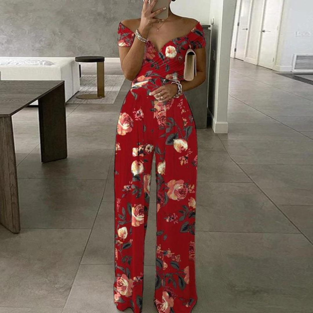 Lena | Eleganter schulterfreier Overall mit floralem Print