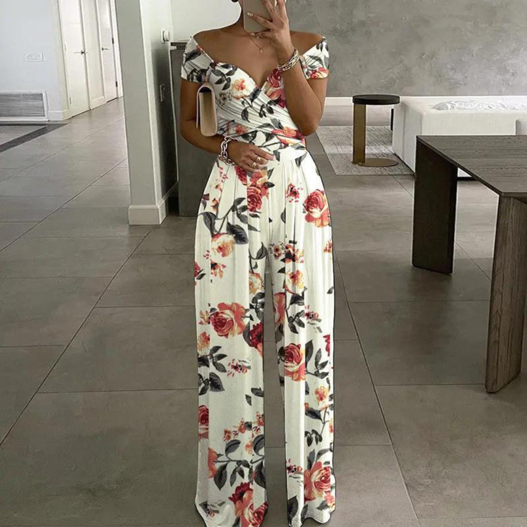 Lena | Eleganter schulterfreier Overall mit floralem Print