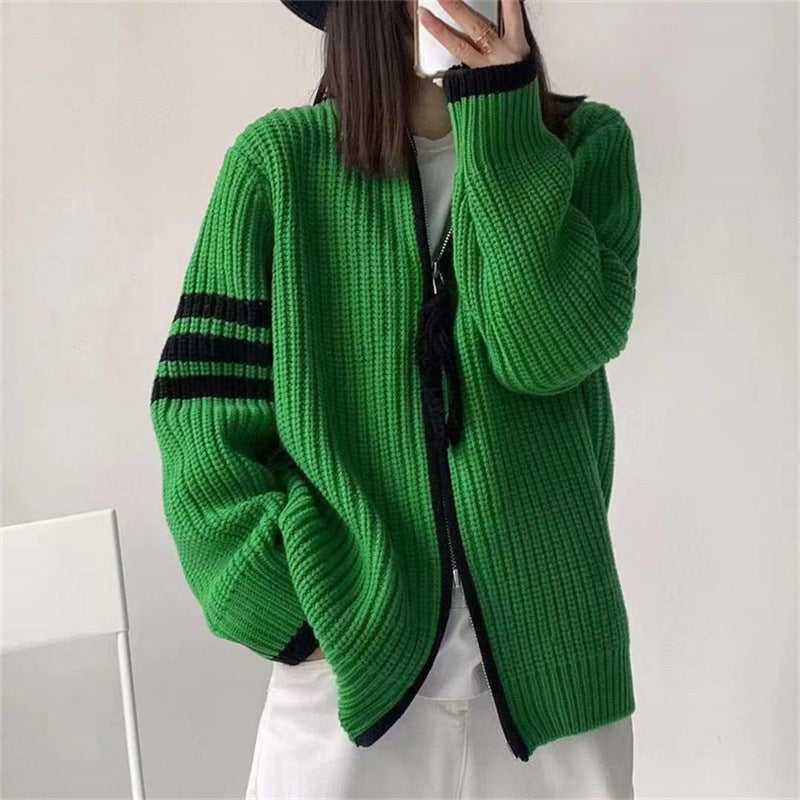 Juliet - Gestreifte Damen Strickjacke mit doppeltem Reißverschluss