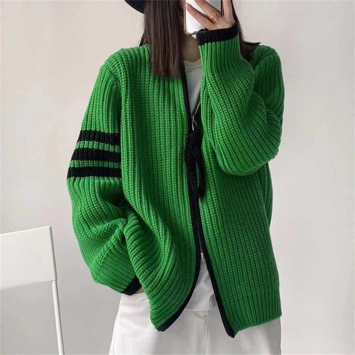 Juliet - Gestreifte Damen Strickjacke mit doppeltem Reißverschluss