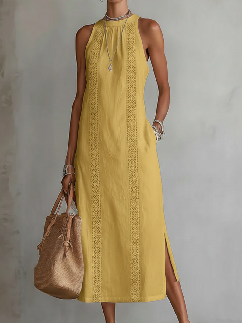 Juna | Atmungsaktives, Elegantes & Bequemes Damenkleid aus Leinen – Midi-Kleid mit Stehkragen 5