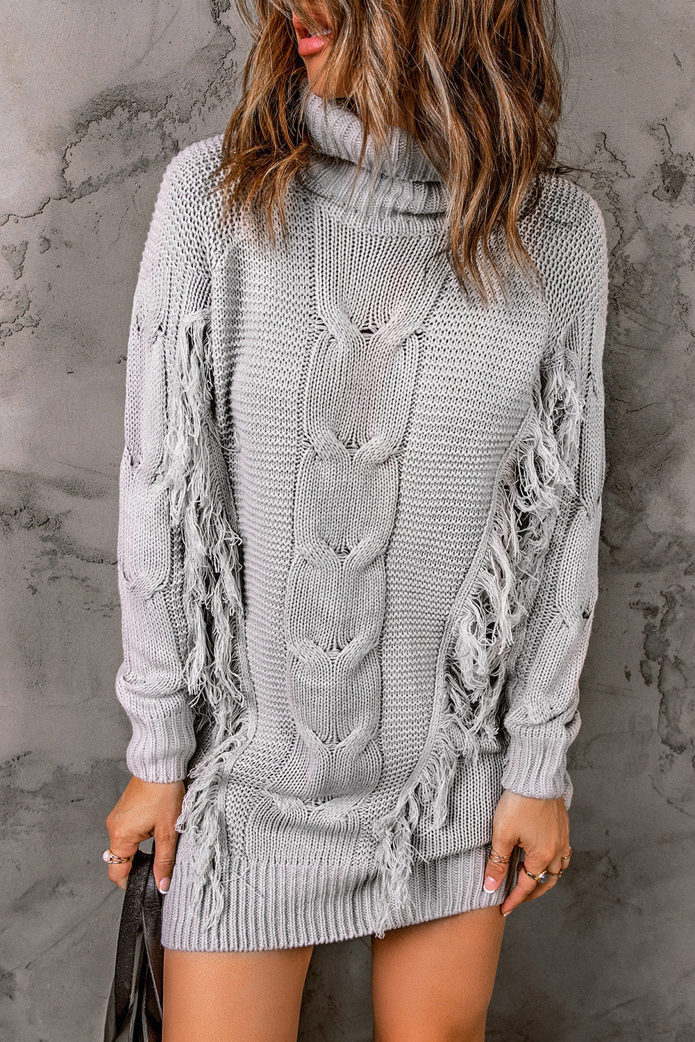 Klassisches Geripptes Strickkleid mit Rollkragen Für Frauen
