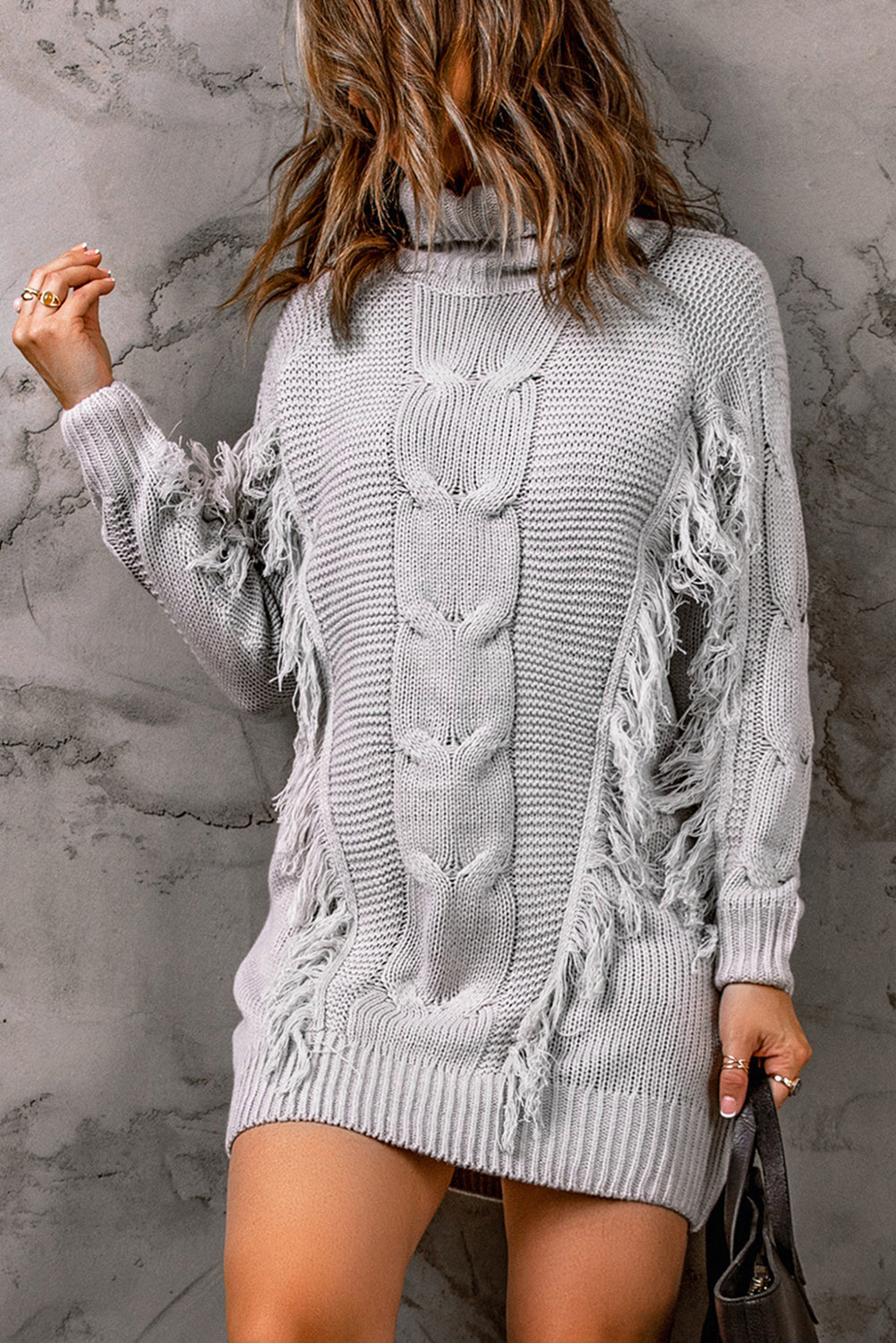 Klassisches Geripptes Strickkleid mit Rollkragen Für Frauen
