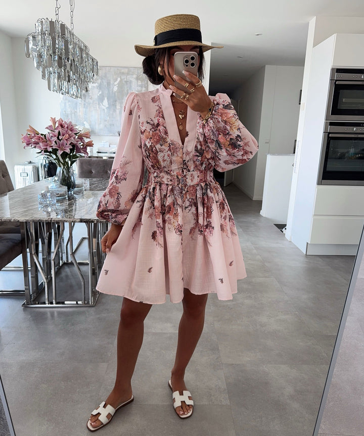 Leinen Baumwoll Kleid Nekia Blume Rosa Ladypolitan ♡