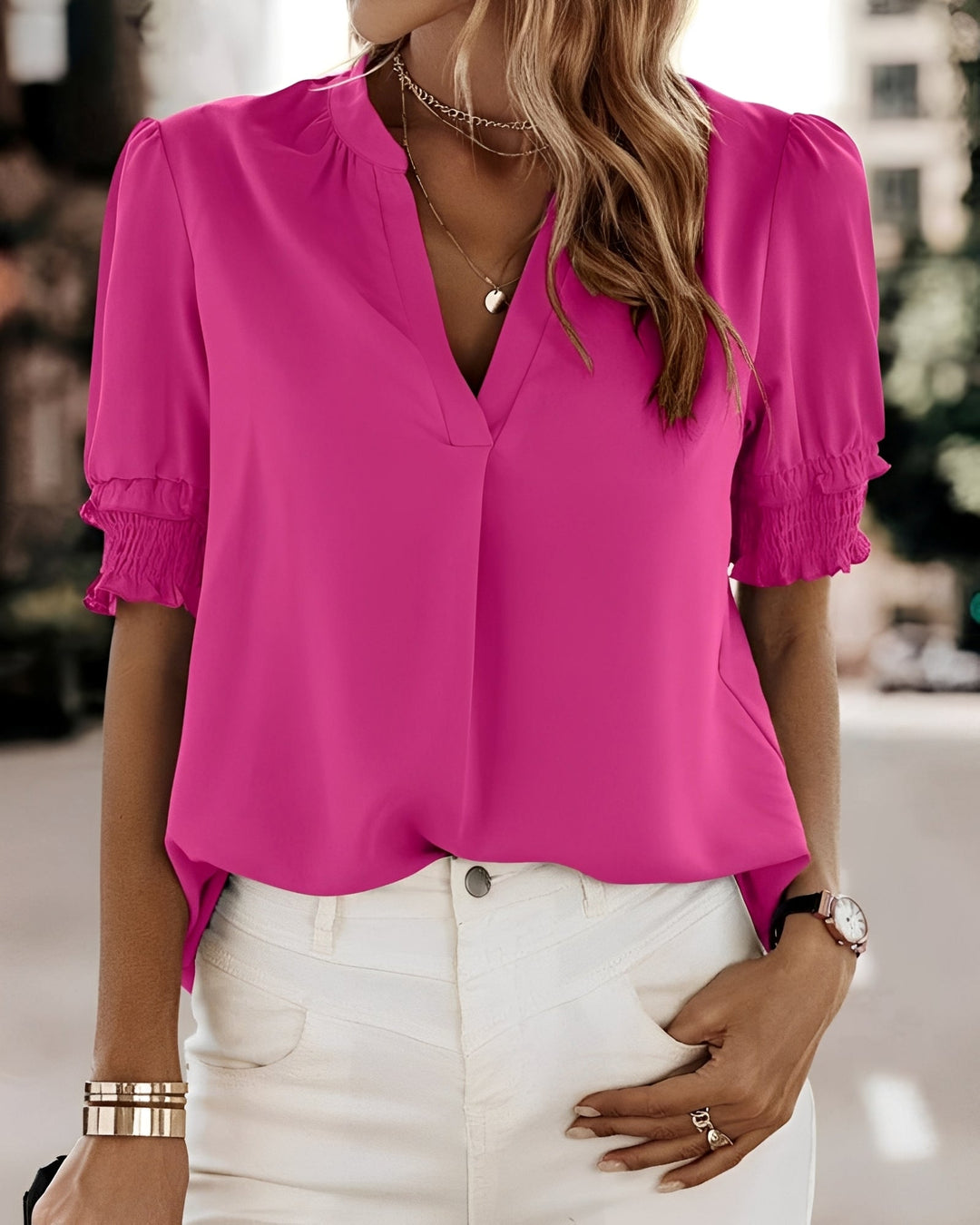 Kurzärmelige Bluse Damen | V-Ausschnitt & Smock-Ärmel für Komfort