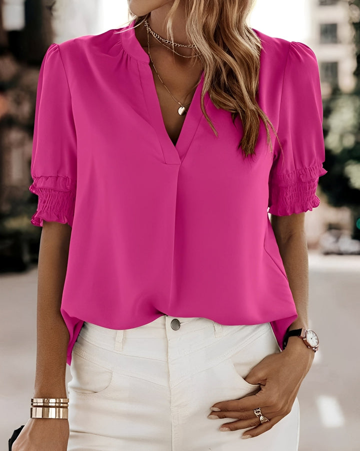 Kurzärmelige Bluse Damen | V-Ausschnitt & Smock-Ärmel für Komfort