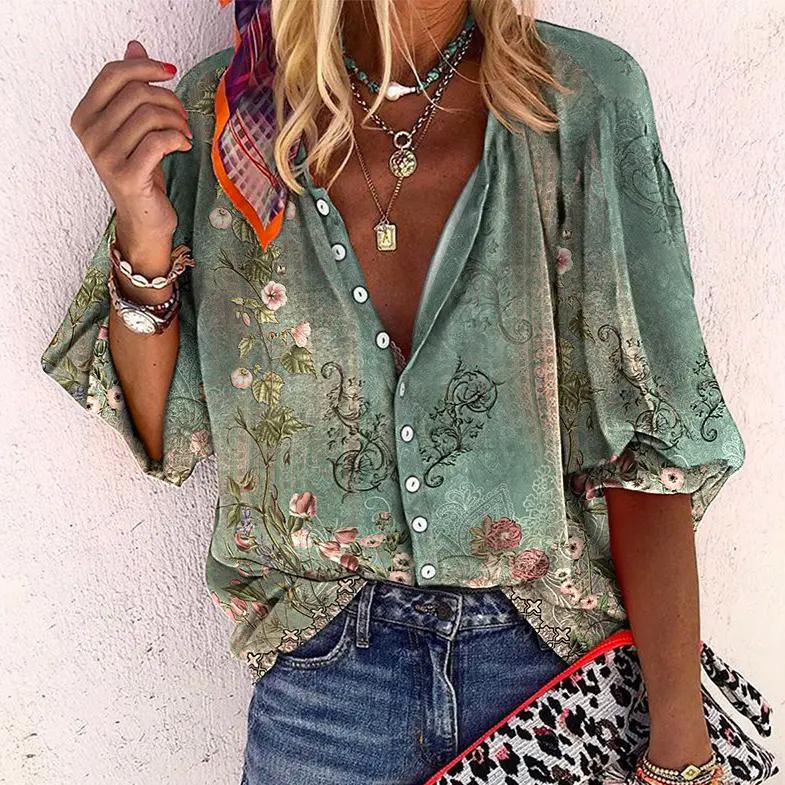 Damen Sommerbluse mit Print, Knöpfen und ¾-Arm