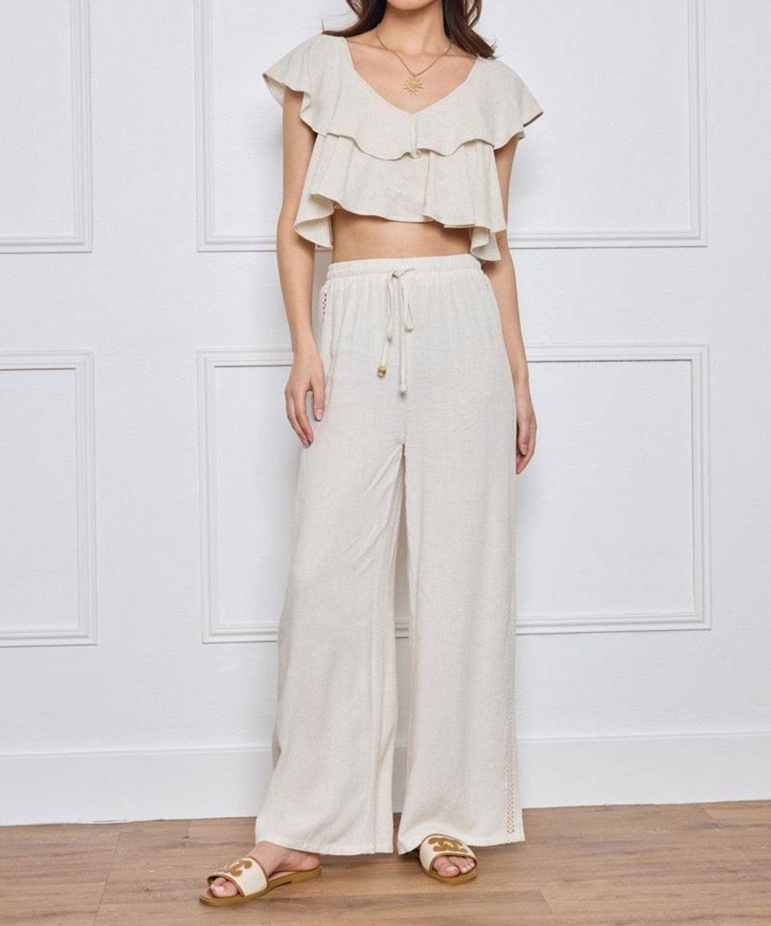 Leinenhose mit Spitze Beige Ladypolitan ♡