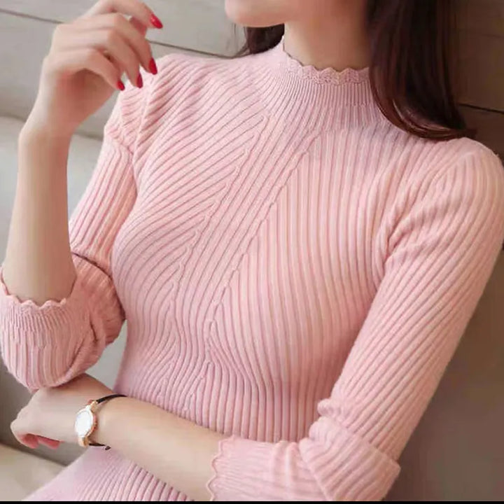 Lozenda - Damen Herbst Pullover mit Rollkragen und Rüschen