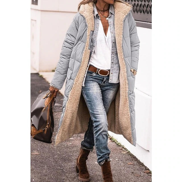 Lozenda - Reversible Sherpa Fleece lange Puffermäntel mit Kapuze Oberbekleidung