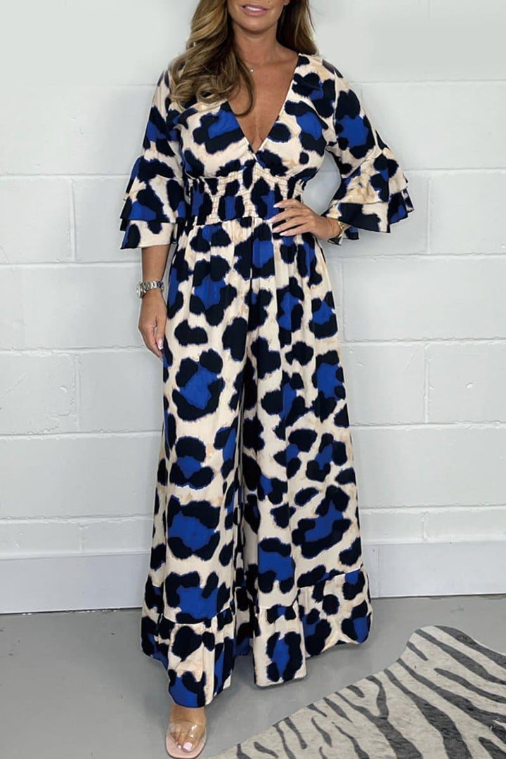 Lozenda - Stylischer Leopardenmuster V-Ausschnitt Jumpsuit