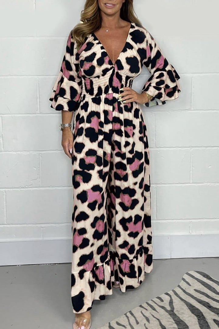 Lozenda - Stylischer Leopardenmuster V-Ausschnitt Jumpsuit