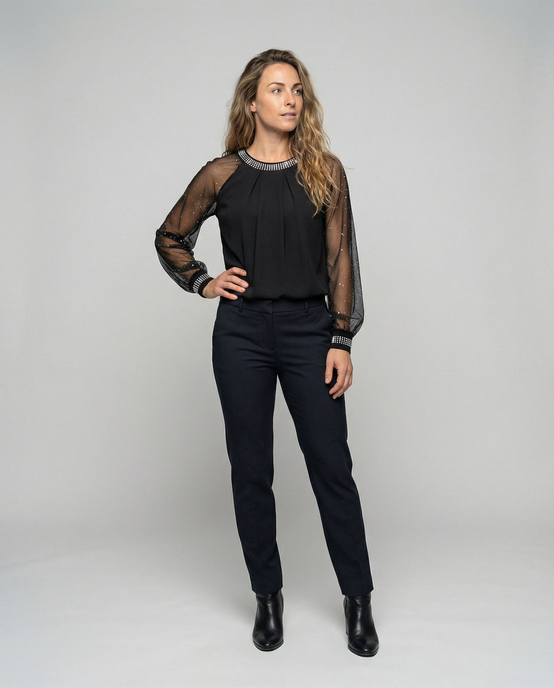 Luna Glam | Festliches Pailletten Top für Damen mit Transparenten Ärmeln 0