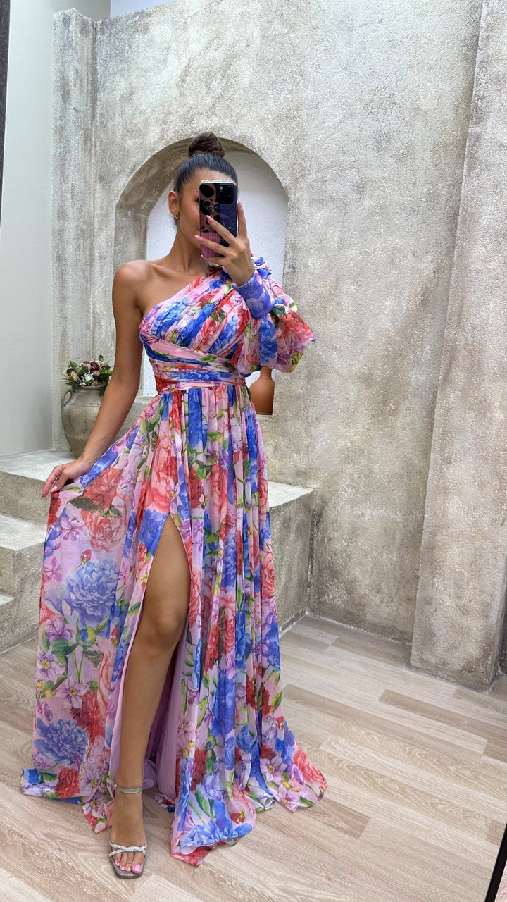 Sandra – Elegant Floral One-Shoulder Maxi Dress - Image 3