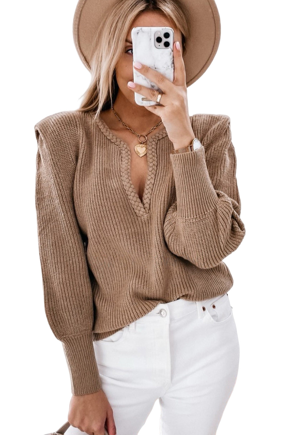 Luxus Tiefes V-Ausschnitt Pullover Mit Puffärmeln
