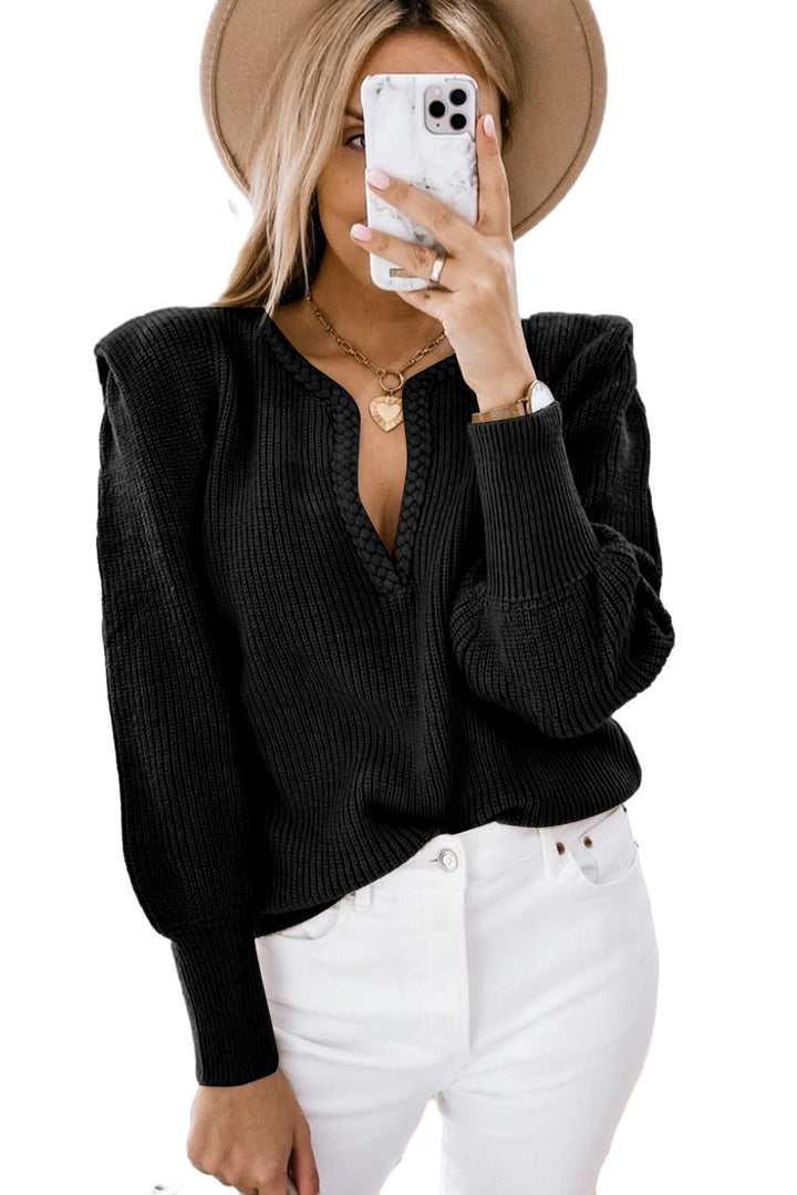 Luxus Tiefes V-Ausschnitt Pullover Mit Puffärmeln
