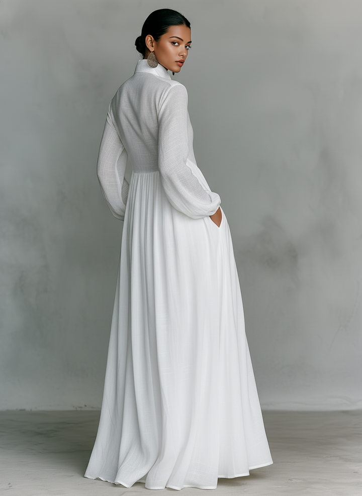Damen-Maxikleid aus Leinenmischung mit Patchwork-Muster und Knopfleiste
