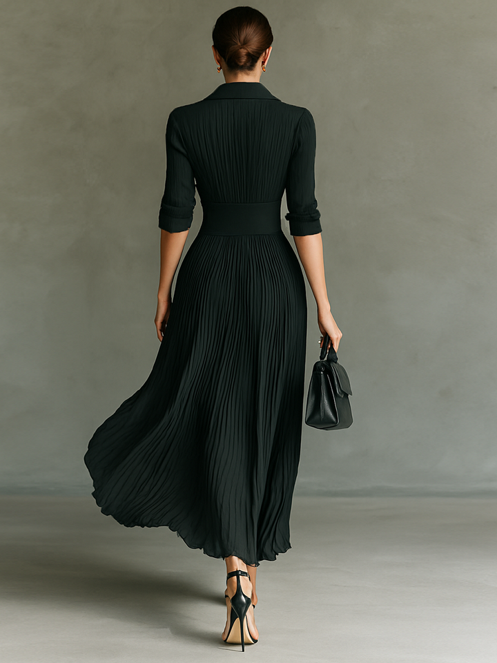 Damen-Maxikleid mit Reverskragen und Plissee-Gürtel