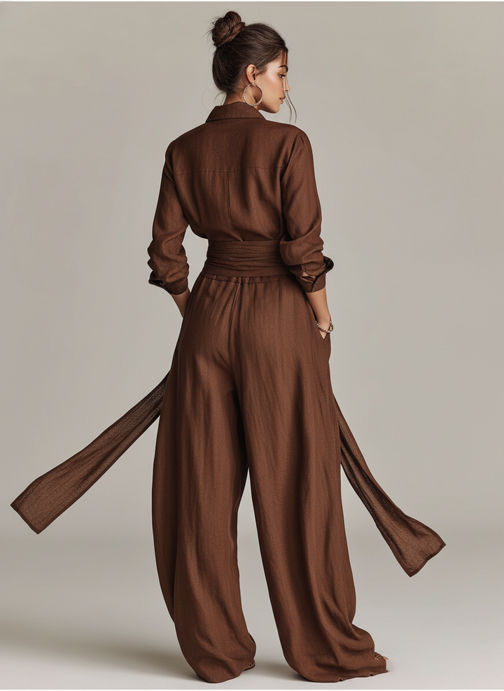 Damen-Jumpsuit aus Leinenmischung mit Gürtel und Hemdkragen