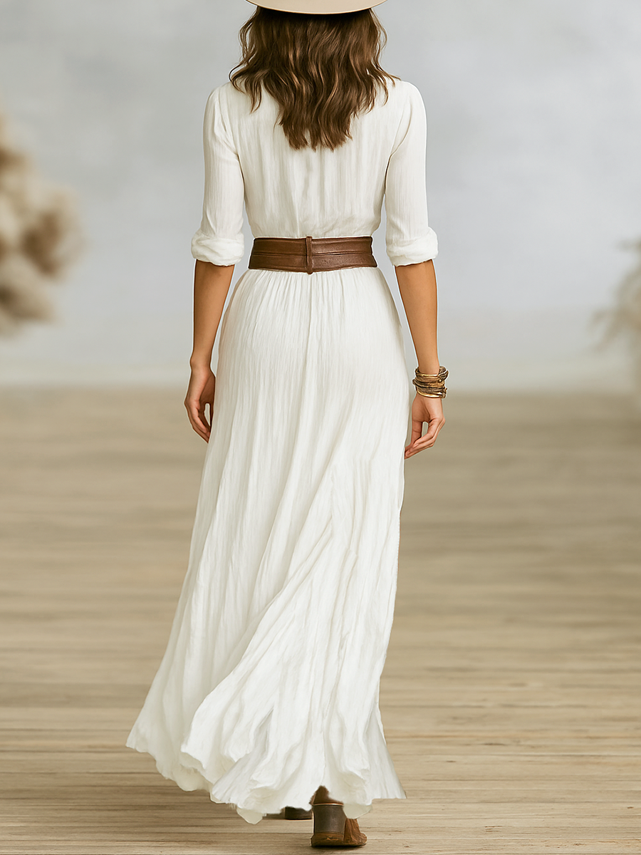 Damen-Maxikleid mit Reverskragen und Knopfleiste, plissiert