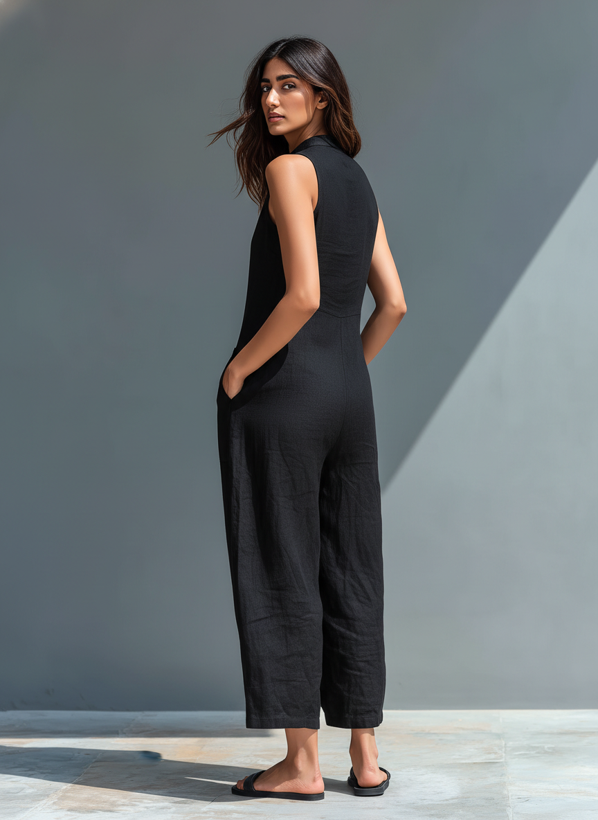Damen-Jumpsuit aus Leinenmischung, ärmellos, mit Knopfleiste