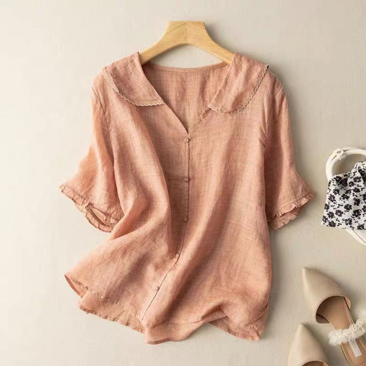 Damen Vintage Bluse Bogenkragen mit Knopfdetail Oversized