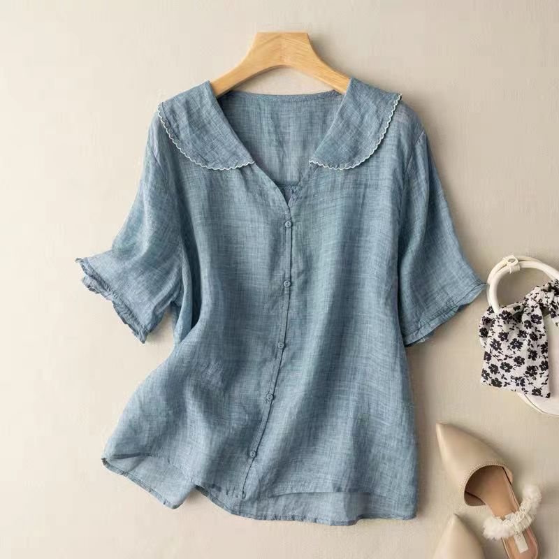 Damen Vintage Bluse Bogenkragen mit Knopfdetail Oversized