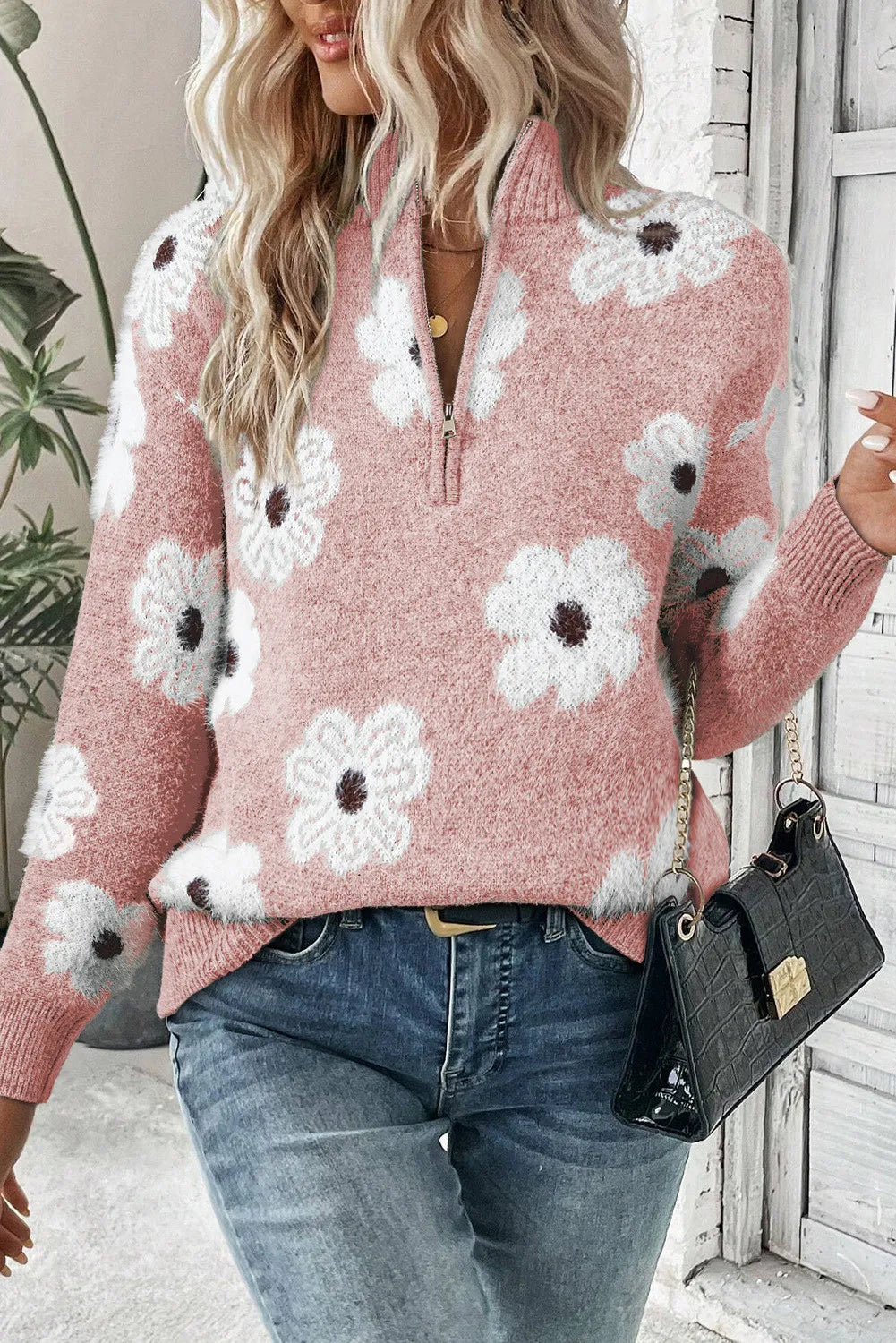 Margaret - Blumensweater mit halbem Reißverschluss