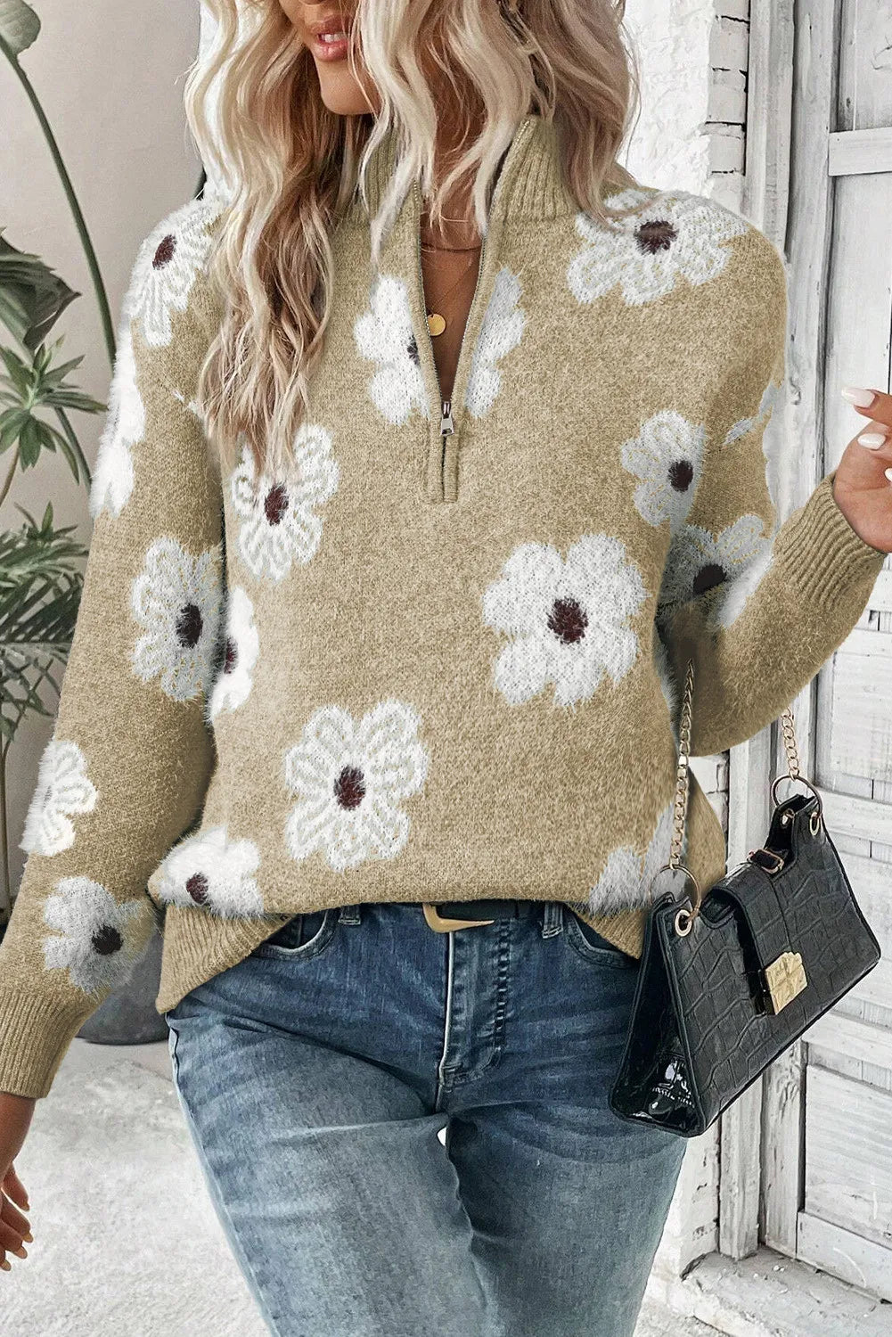 Margaret - Blumensweater mit halbem Reißverschluss