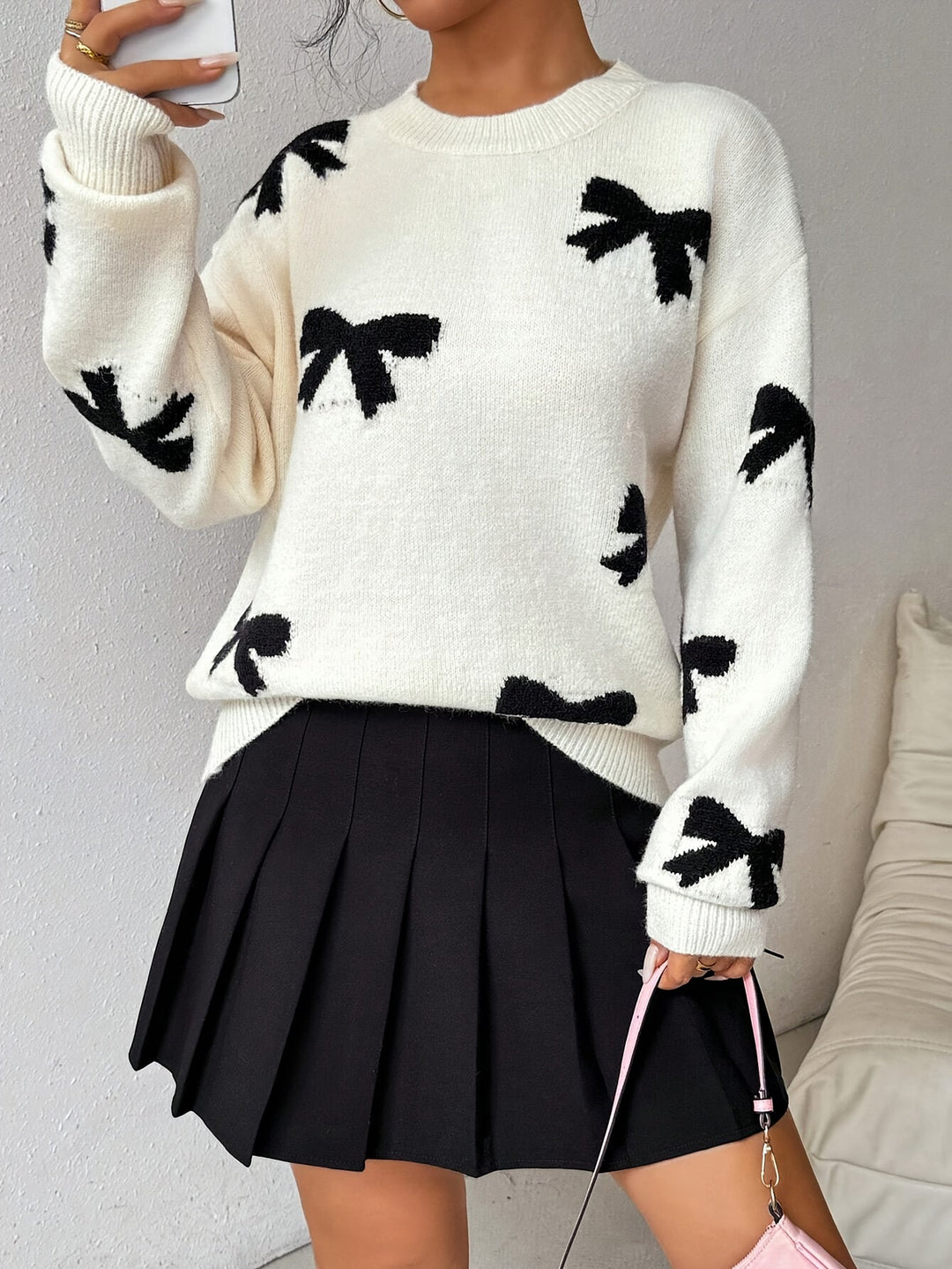 Marina - Langärmelig Rundhalsausschnitt Bogen Drucken Strickpullover