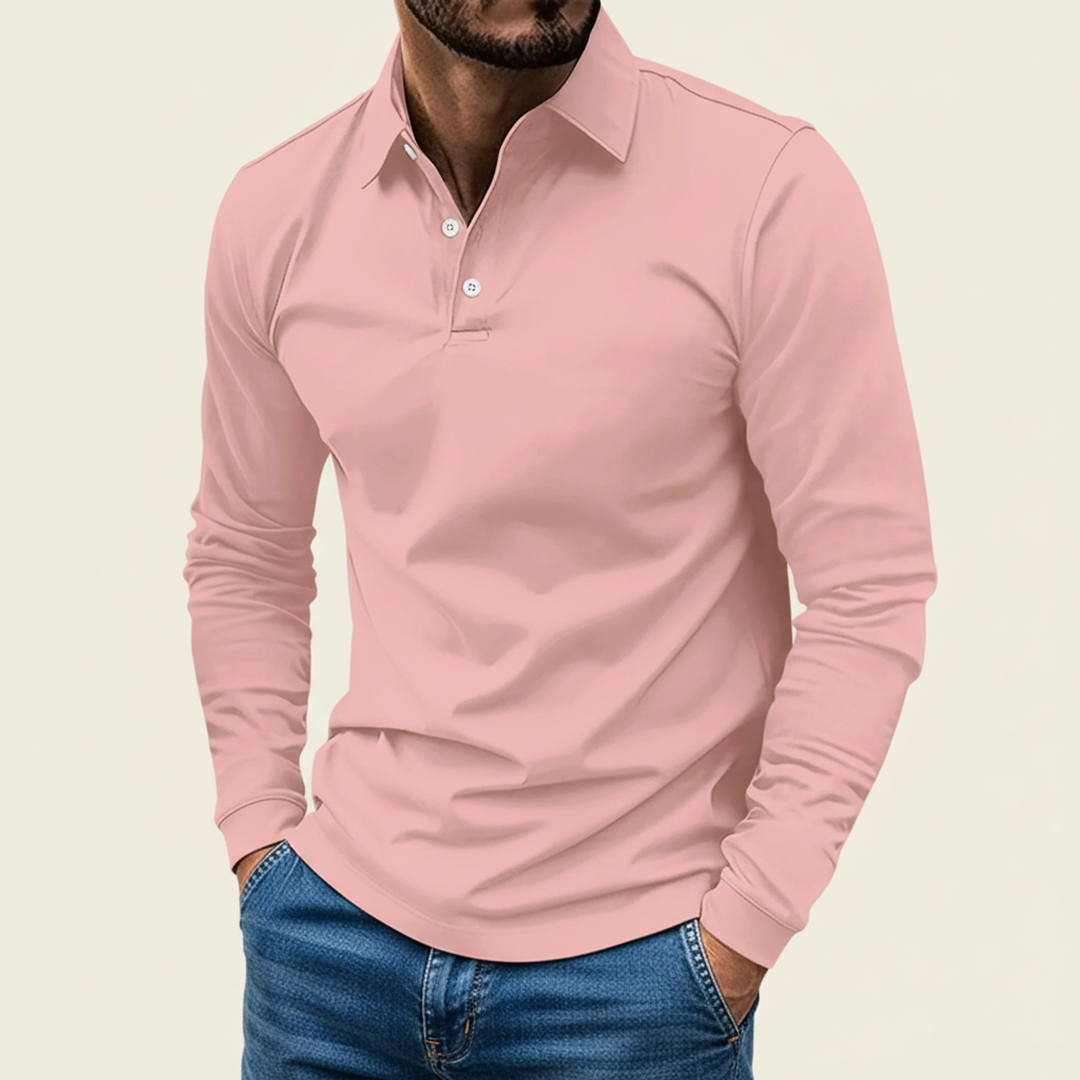 Elias | Herren Minimaler Knopf Langarm Polo-Shirt