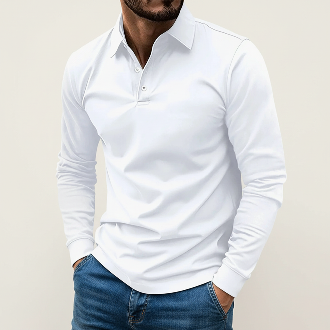 Elias | Herren Minimaler Knopf Langarm Polo-Shirt