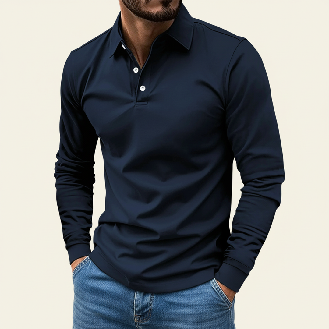 Elias | Herren Minimaler Knopf Langarm Polo-Shirt