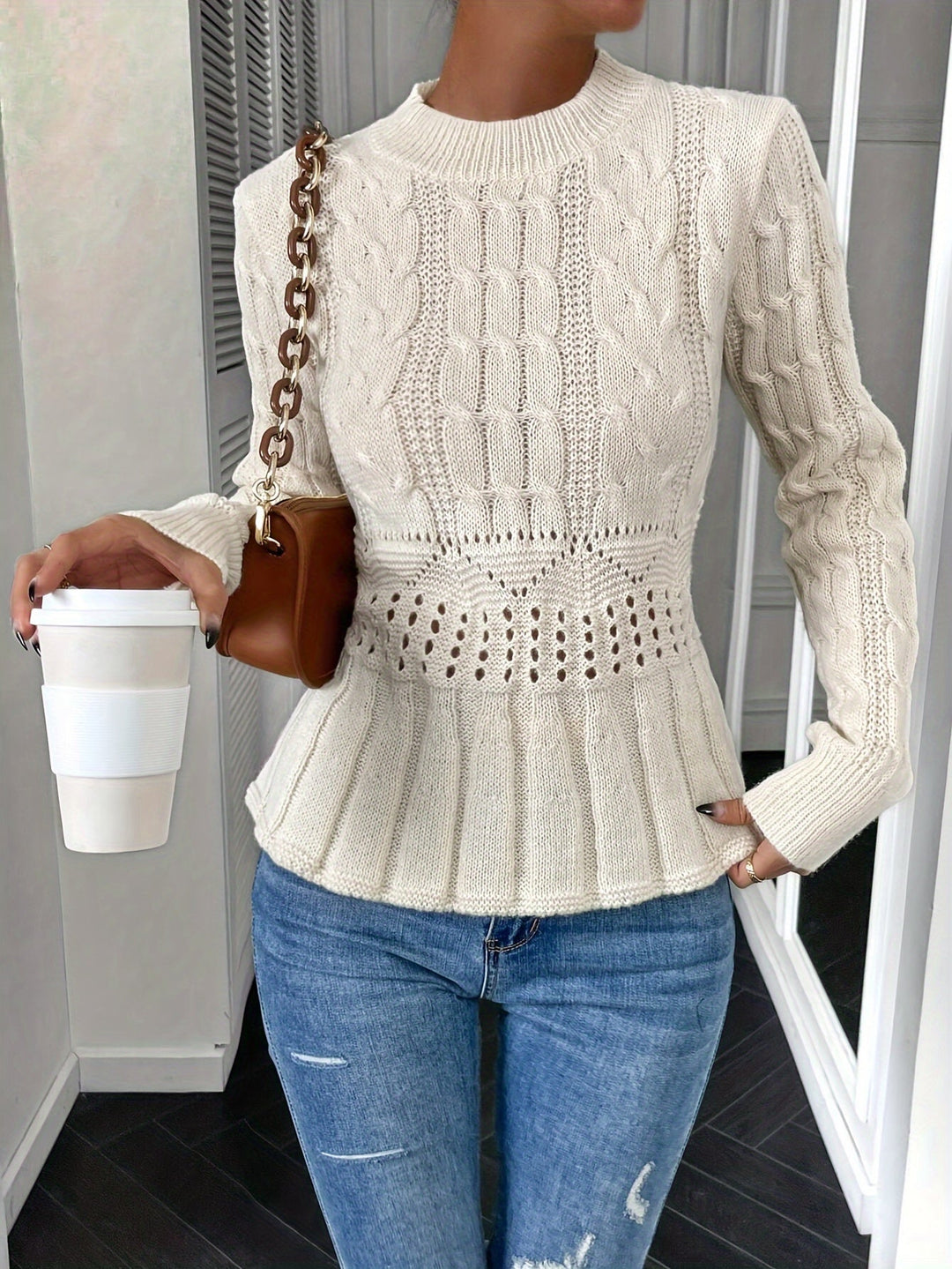 Meredith - Robuster Zopfstrickpullover mit Rundhalsausschnitt