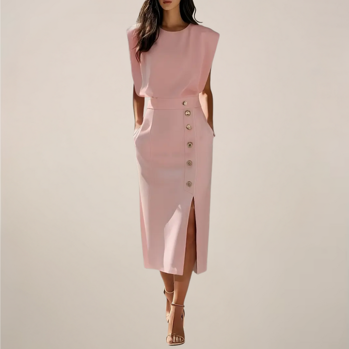 Emilia – Elegant Midi Dress with Button Detail and Side Slit - Image 7