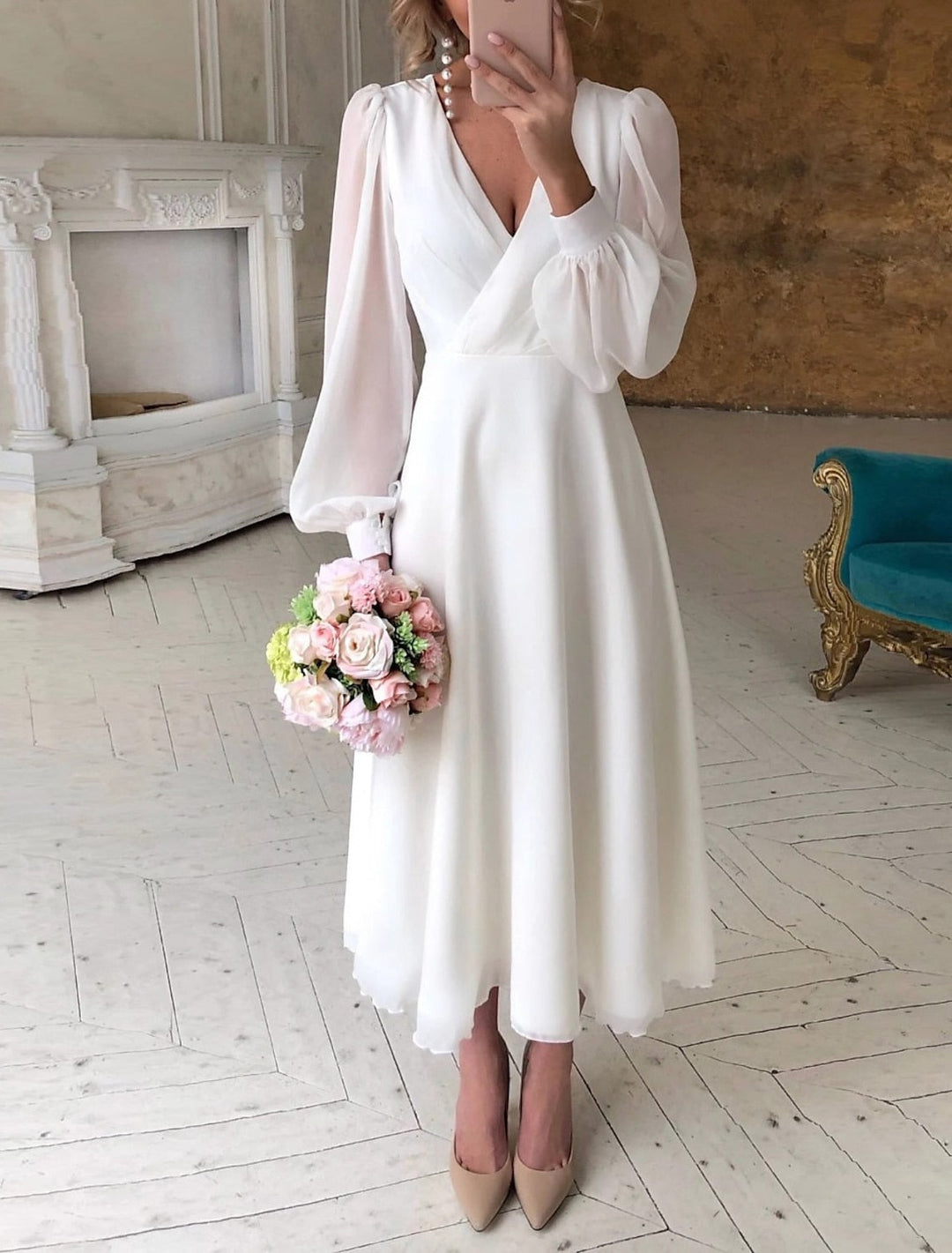 Midikleid Damen | Puffärmel & Wickeloptik
