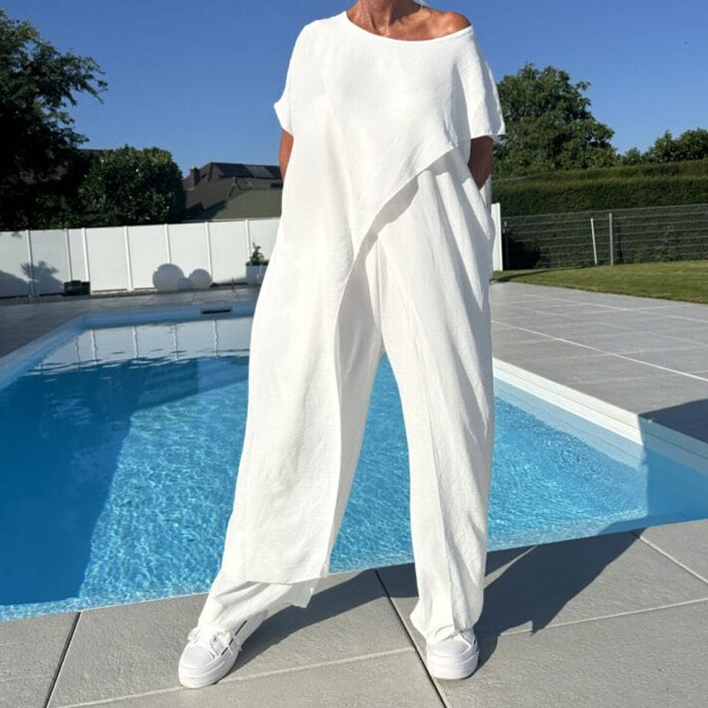 Mira | Bequemes, Fließendes Damen Set – Kurzarmoberteil & Weite Hose 3
